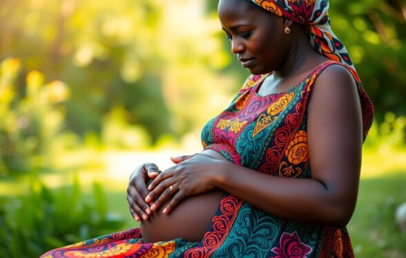 Pregnant Senegalese woman in colorful dress holding her belly.